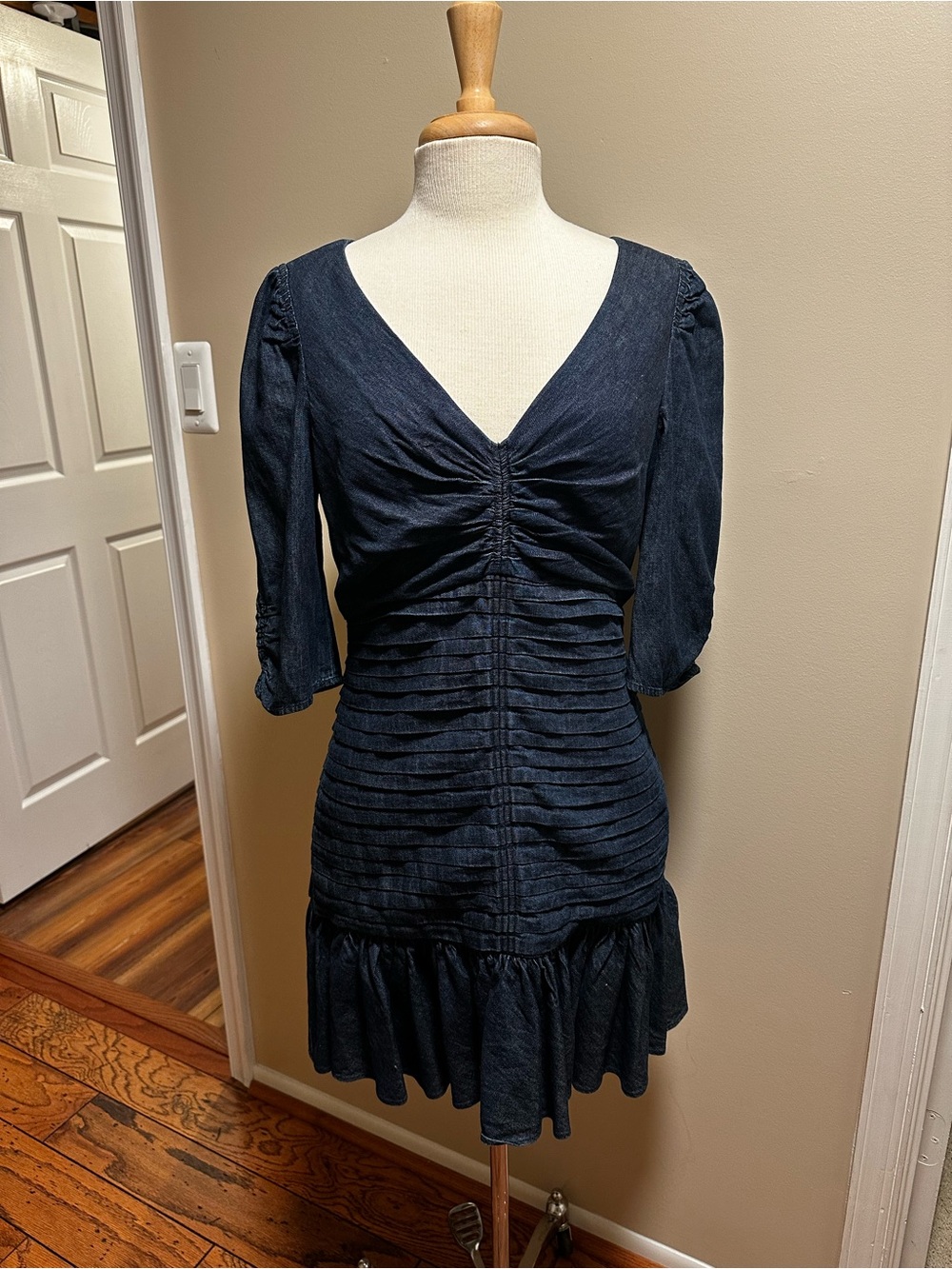 Women's Denim Navy Ruched up V-Neck Mini Dress